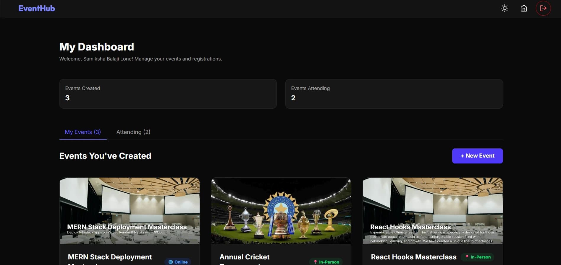EventHub user dashboard