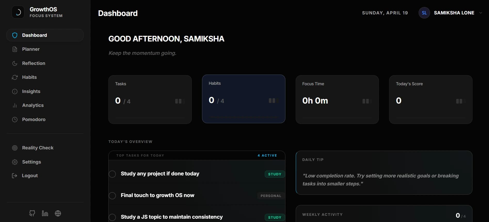GrowthOS dashboard