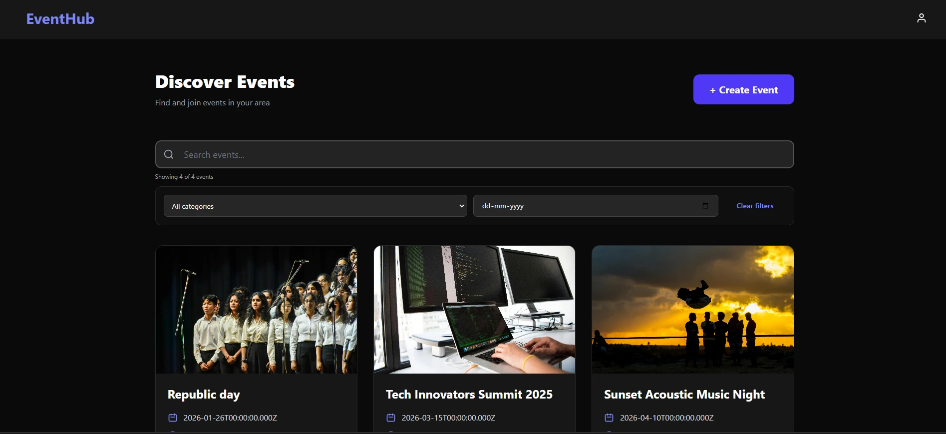 Mini Event Platform MERN dashboard