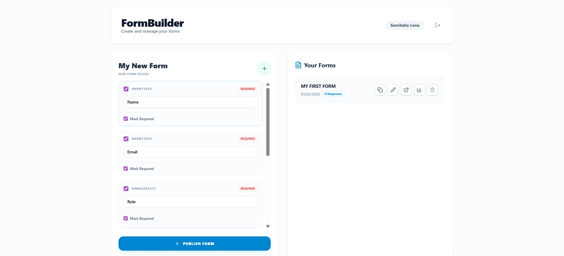 FormBuilder dashboard and form editor