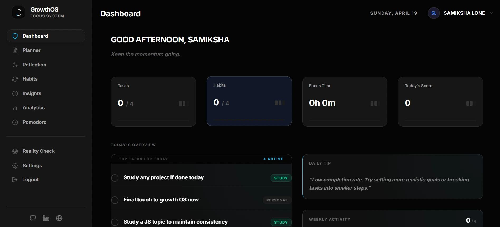 GrowthOS dashboard