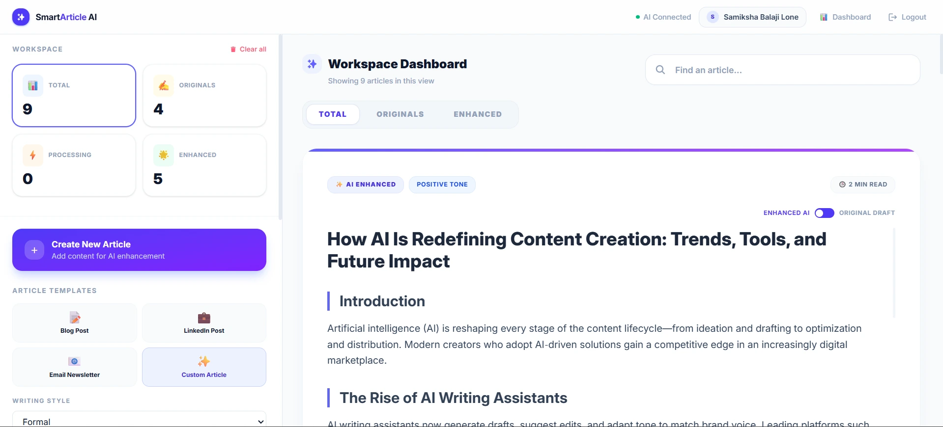 Smart AI Articles Dashboard